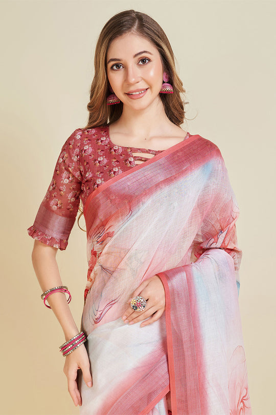Off White Linen Blend Floral Printed Saree