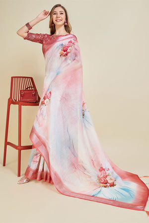 Off White Linen Blend Floral Printed Saree