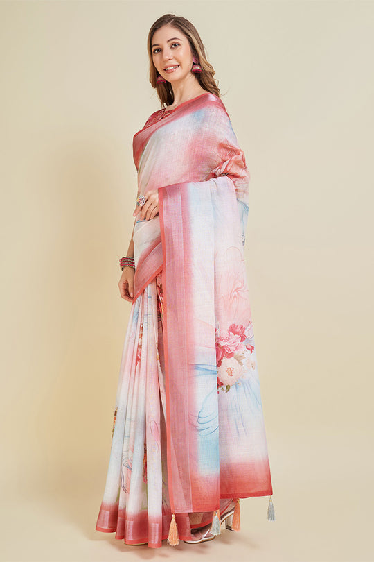 Off White Linen Blend Floral Printed Saree