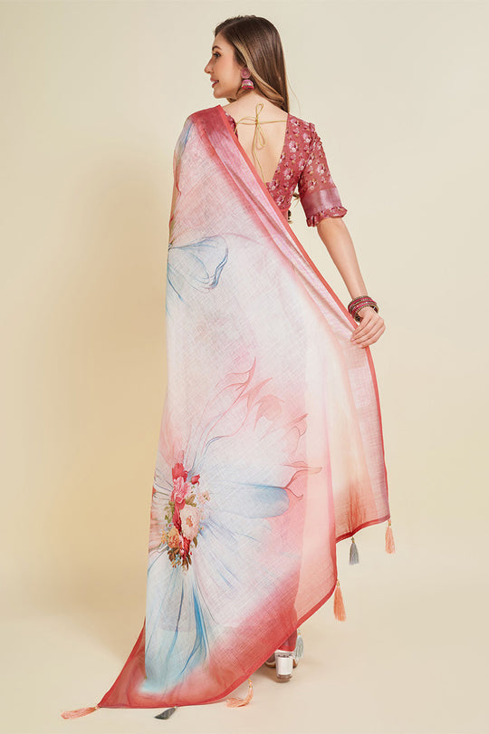 Off White Linen Blend Floral Printed Saree