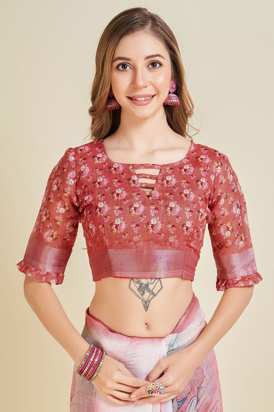 Off White Linen Blend Floral Printed Saree