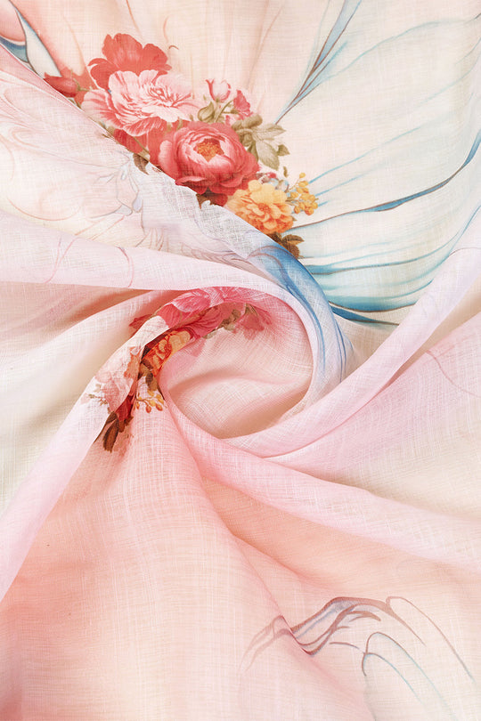 Off White Linen Blend Floral Printed Saree