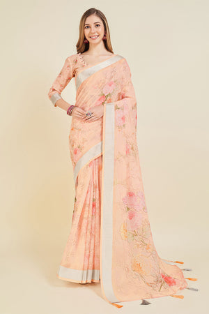 Peach Linen Blend Floral Printed Saree