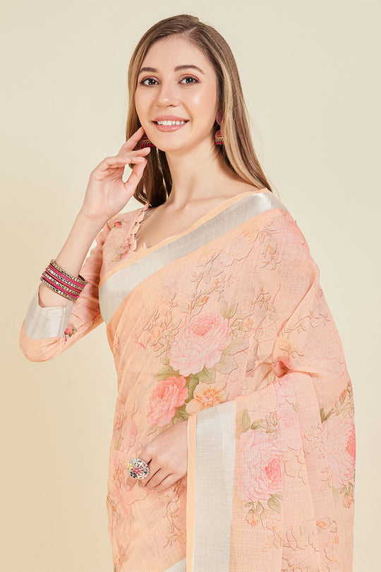 Peach Linen Blend Floral Printed Saree