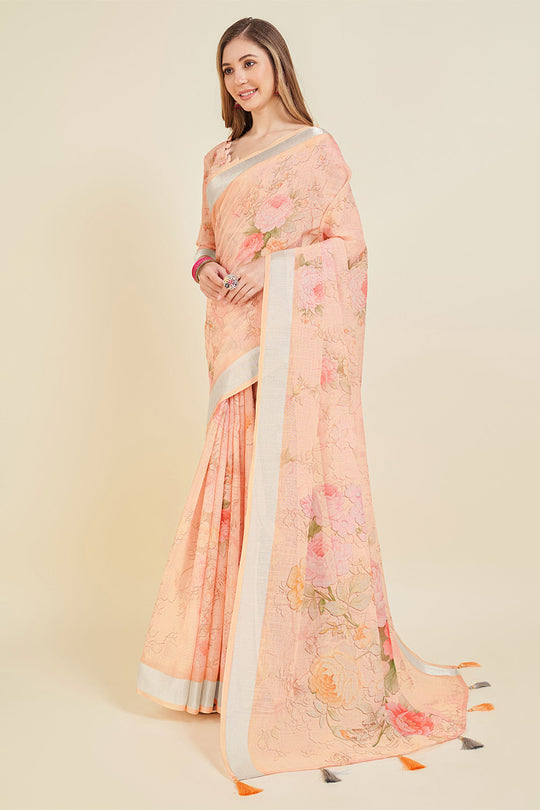 Peach Linen Blend Floral Printed Saree