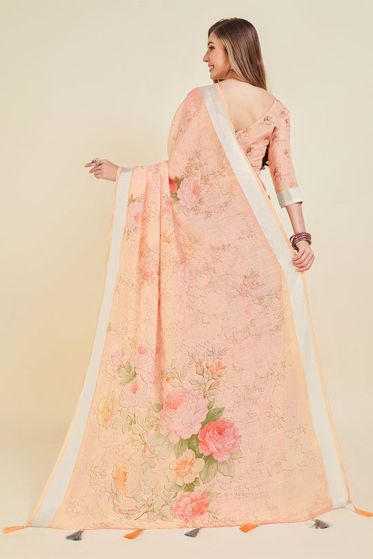 Peach Linen Blend Floral Printed Saree