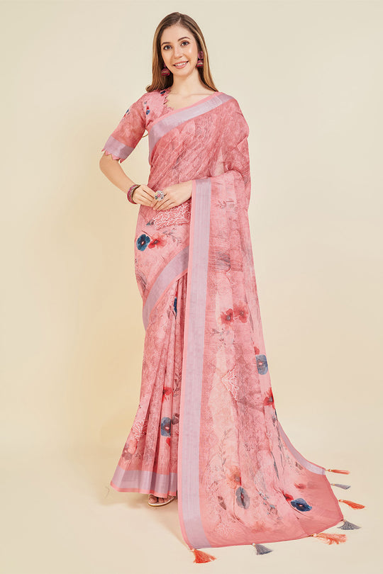 Pink Linen Blend Floral Printed Saree