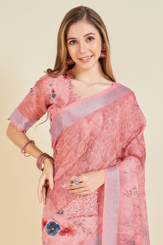 Pink Linen Blend Floral Printed Saree