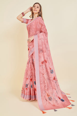 Pink Linen Blend Floral Printed Saree