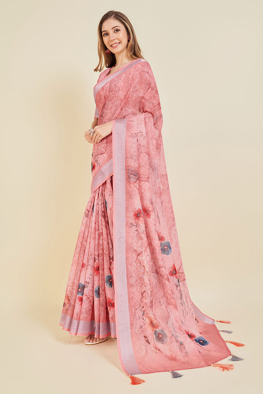 Pink Linen Blend Floral Printed Saree