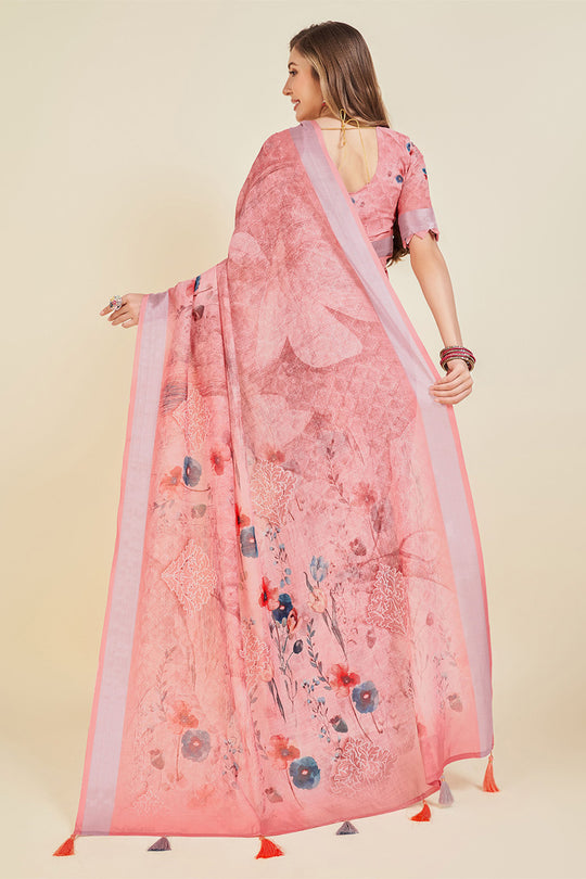Pink Linen Blend Floral Printed Saree
