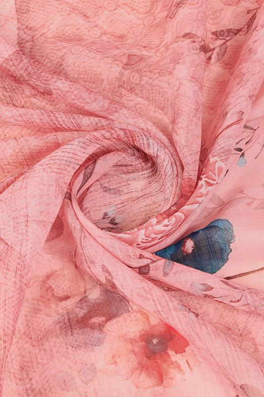 Pink Linen Blend Floral Printed Saree