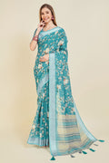 Teal Linen Floral Printed Saree