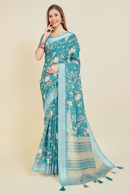 Teal Linen Blend Floral Printed Saree