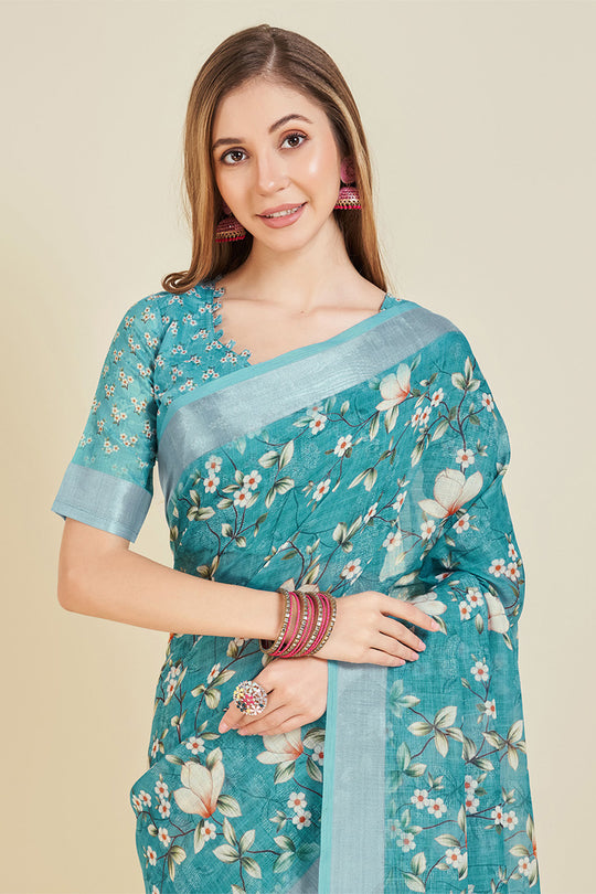 Teal Linen Blend Floral Printed Saree