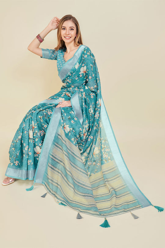 Teal Linen Blend Floral Printed Saree
