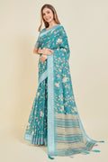 Teal Linen Floral Printed Saree