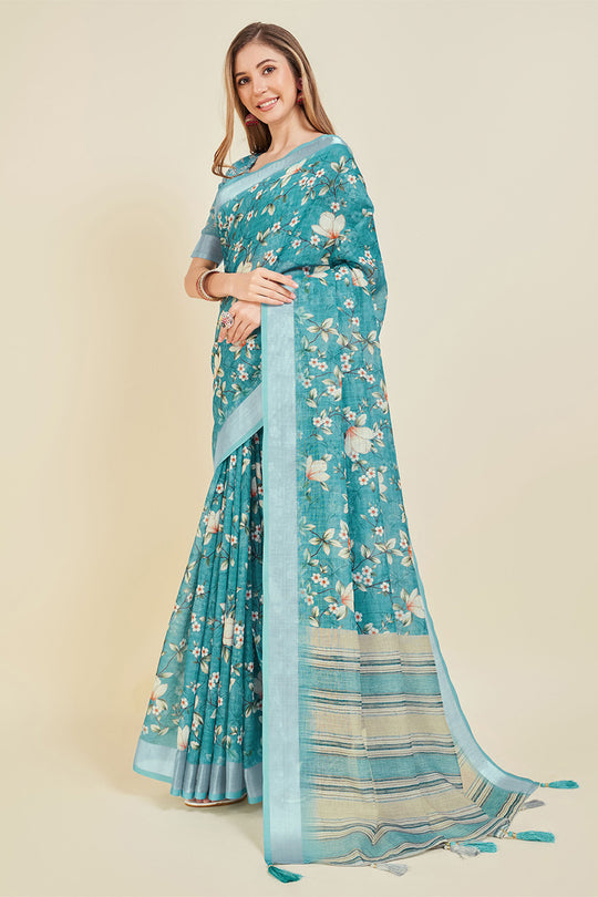 Teal Linen Blend Floral Printed Saree