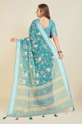 Teal Linen Blend Floral Printed Saree