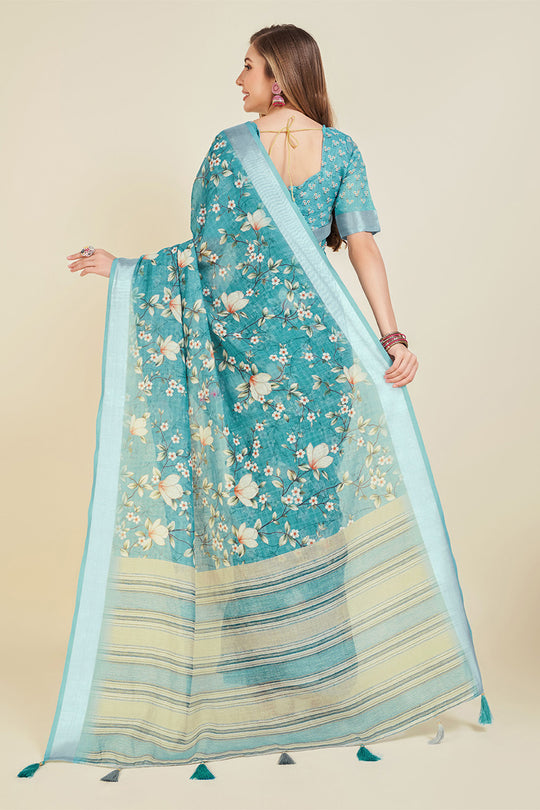 Teal Linen Blend Floral Printed Saree