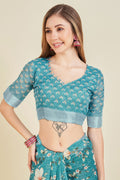 Teal Linen Blend Floral Printed Saree