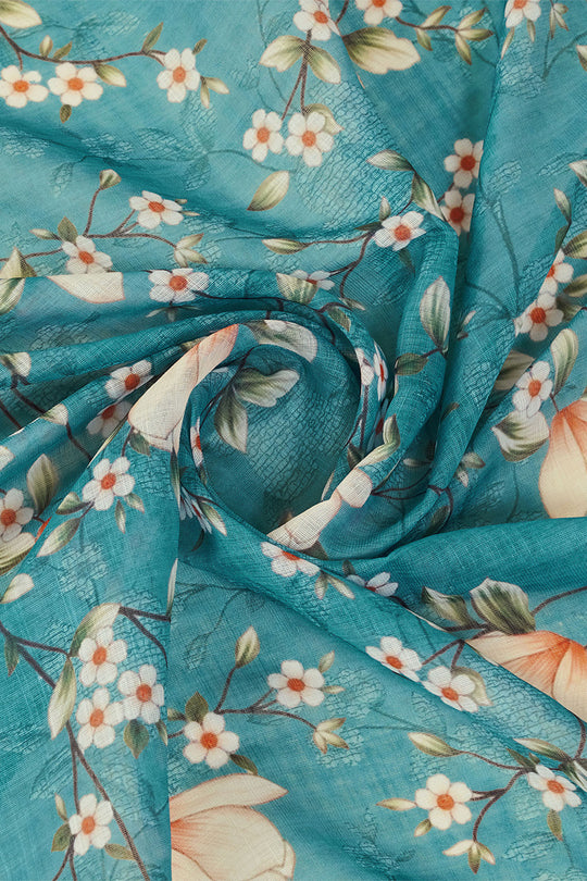 Teal Linen Blend Floral Printed Saree