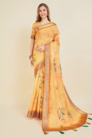 Yellow Linen Blend Floral Printed Saree