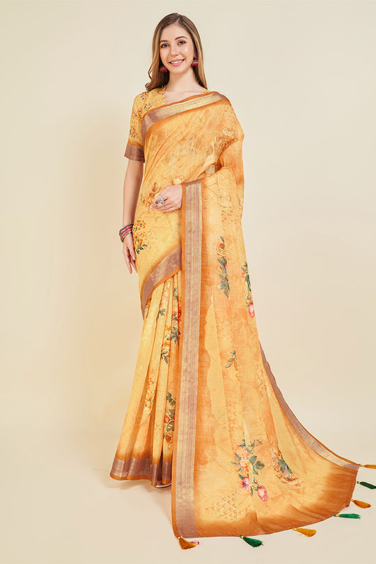 Yellow Linen Blend Floral Printed Saree