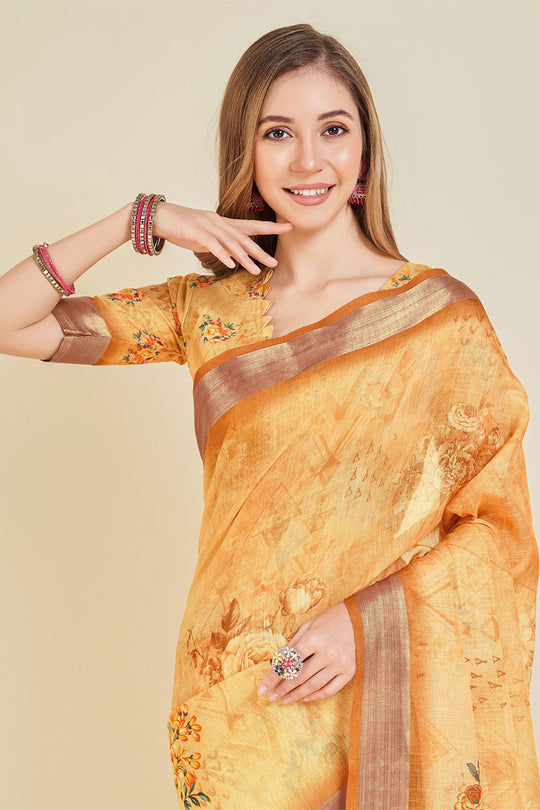 Yellow Linen Blend Floral Printed Saree