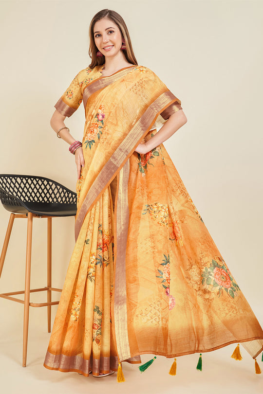 Yellow Linen Blend Floral Printed Saree