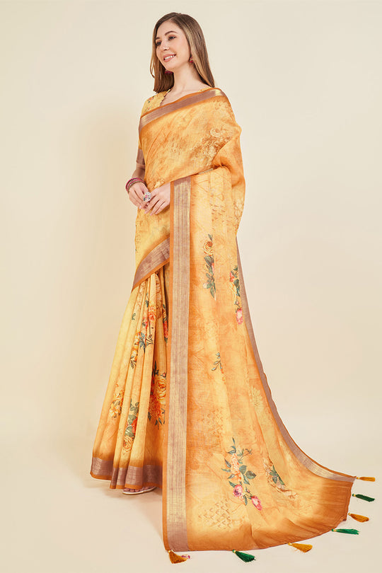 Yellow Linen Blend Floral Printed Saree