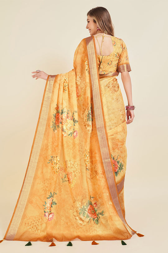 Yellow Linen Blend Floral Printed Saree