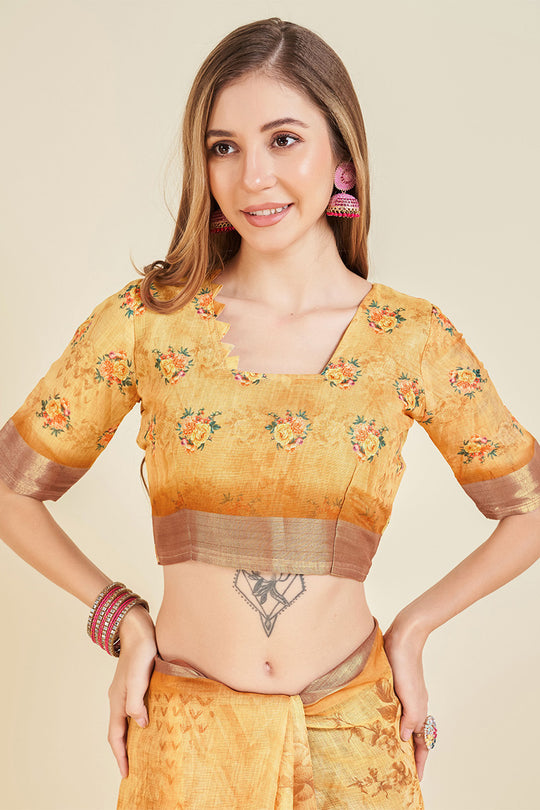 Yellow Linen Blend Floral Printed Saree
