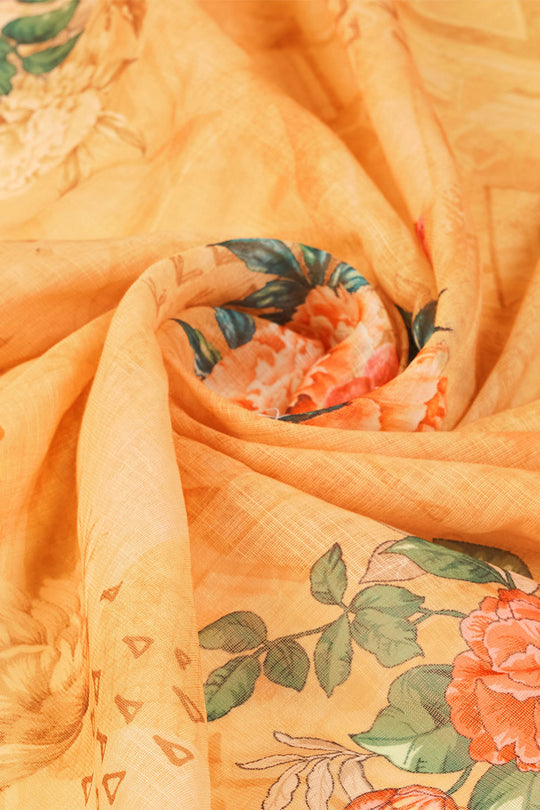 Yellow Linen Blend Floral Printed Saree