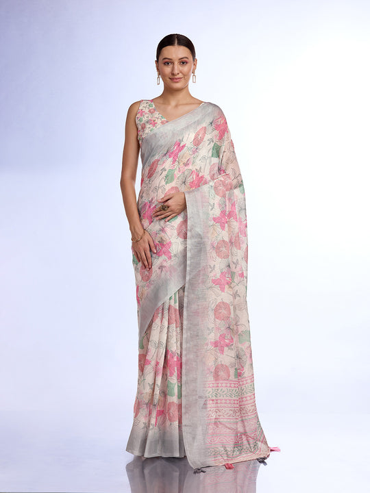 Cream Linen Blend Saree With Blouse Piece