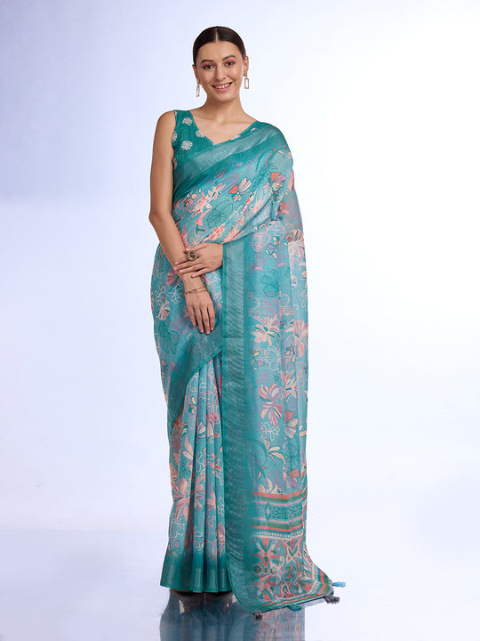 Teal Linen Blend Saree With Blouse Piece