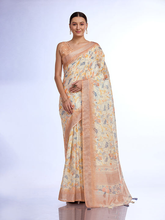 Beige  Linen Blend Saree With Blouse Piece