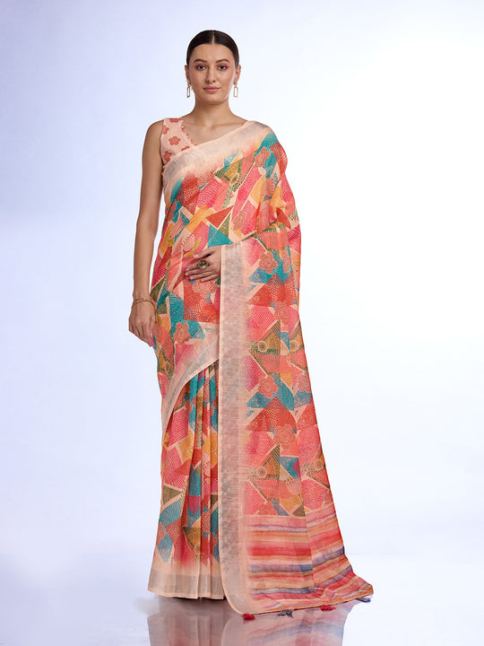 Red Linen Blend Saree With Blouse Piece