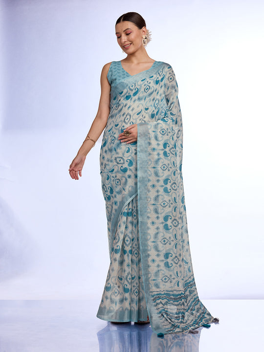 Teal Linen Blend Saree With Blouse Piece