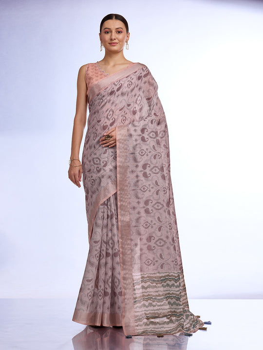 Grey Melange Linen Blend Saree With Blouse Piece