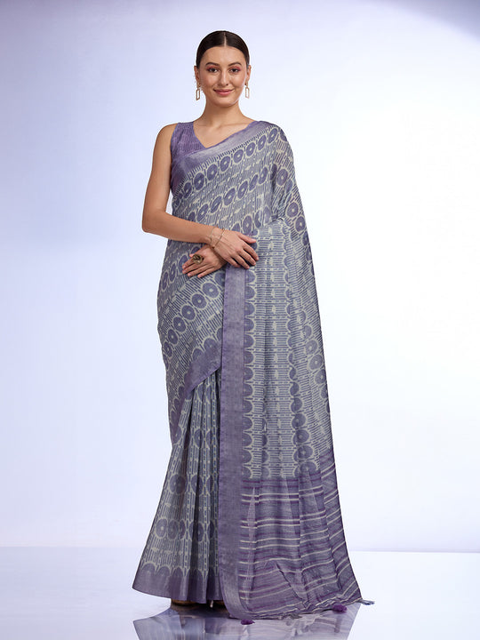 Grey Linen Blend Saree With Blouse Piece