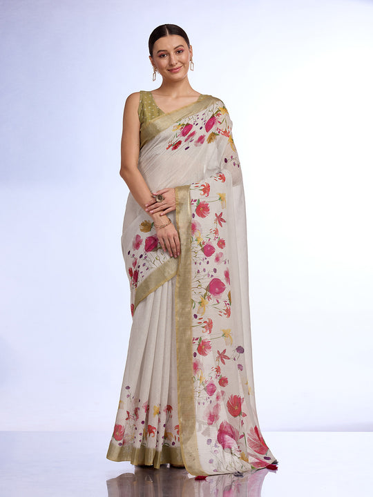 White Linen Blend Saree With Blouse Piece