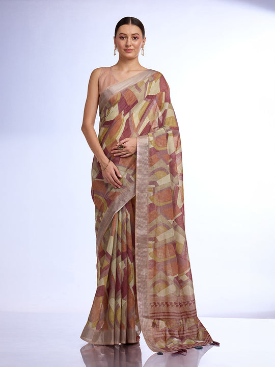 Brown Linen Blend Saree With Blouse Piece