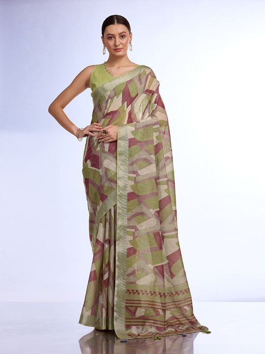 Green Linen Blend Saree With Blouse Piece