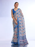 Blue Linen Blend Saree With Blouse Piece