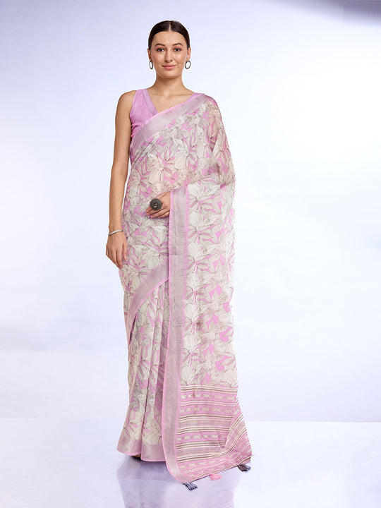 Pink Linen Blend Saree With Blouse Piece