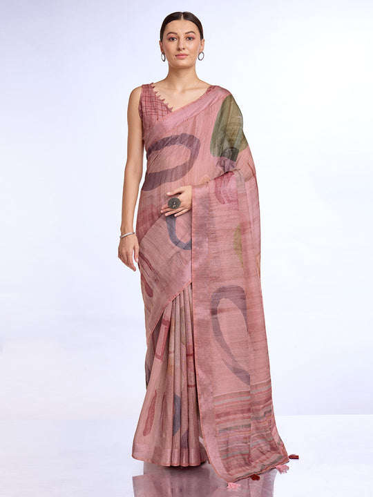 Pink Linen Blend Saree With Blouse Piece