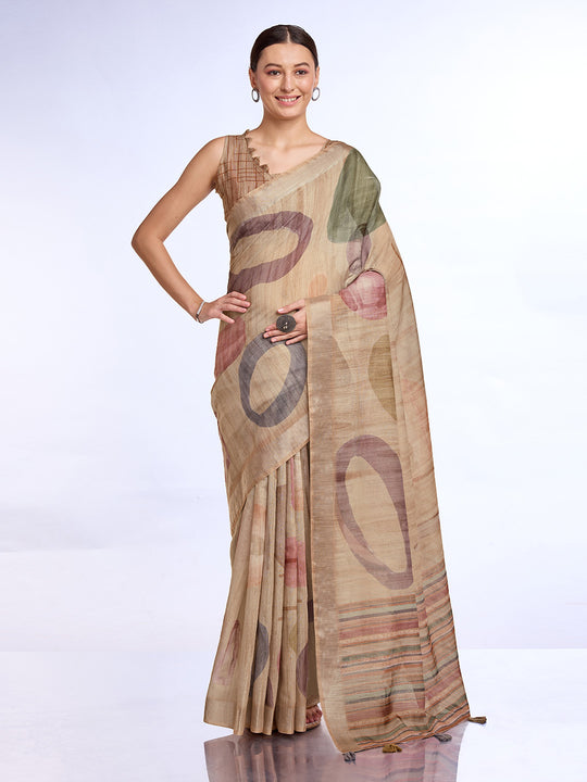 Beige  Linen Blend Saree With Blouse Piece
