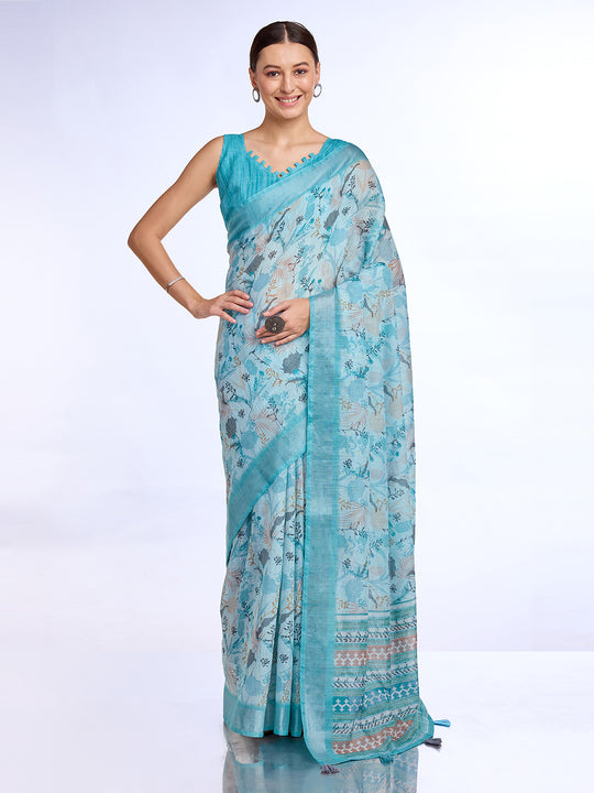 Blue Linen Blend Saree With Blouse Piece