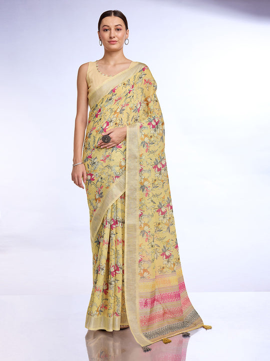 Yellow Linen Blend Saree With Blouse Piece